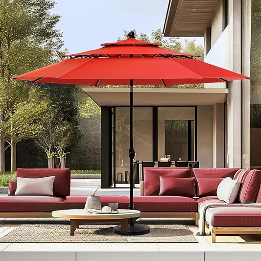 PHI VILLA 10ft Patio Umbrella Outdoor 3 Tier Vented Market Table Umbrella with 1.5" Umbrella Pole and 8 Sturdy Ribs, (Orange Red)（No Base）