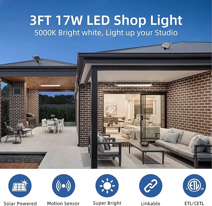 hykolity Solar Powered Shop Light with Motion Sensor, 3FT 17W (100-Watt Equivalent),Integrated LED IP65 Waterproof Outdoor Motion Sensor Shop Light for Garage, Barn, House - 2 Pack