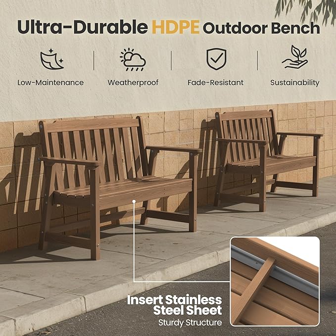 Ciokea 46" Heavy Duty Outdoor Bench, HDPE Weatherproof Garden Benches, Durable 2-Person Benches with 660 Lbs, Waterproof Patio Porch Bench for Outside Balcony Deck Backyard, Teak