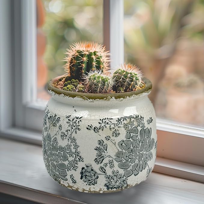 Vintage Grey Ceramic Ice Crack Flower Pot with Drainage Holes, Country Rustic Planters for Indoor and Outdoor,Tuscan Decor,Home,Living Room, Garden Decor, Gardening Gift