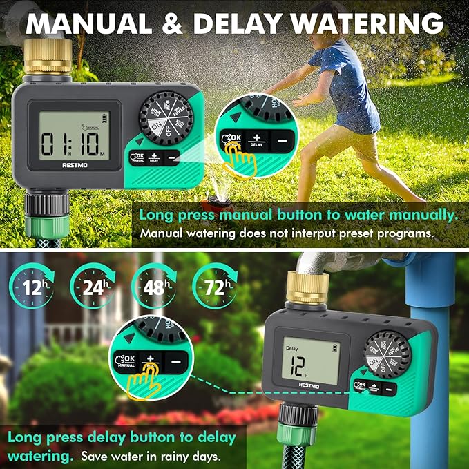 RESTMO Sprinkler Timer with Brass Inlet, Water Timer for Garden Hose, Rain Delay/Manual/Automatic for Outdoor Faucet, Drip Irrigation and Lawn Watering System