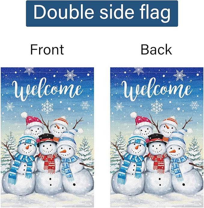 Welcome Winter Garden Flag Double Sided Sonwman 12x18 Inch Small Burlap Welcome Holiday Yard Outdoor Outside House Decoration