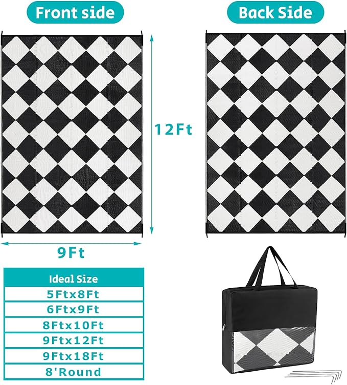 HEBE Outdoor Rug Waterproof 9x12, Reversible Plastic Straw Rug RV Camping Rug, Indoor Outdoor Patio Mat Clearance, Outside Carpet for Porch,Deck,Camper,Balcony,Backyard,Picnic