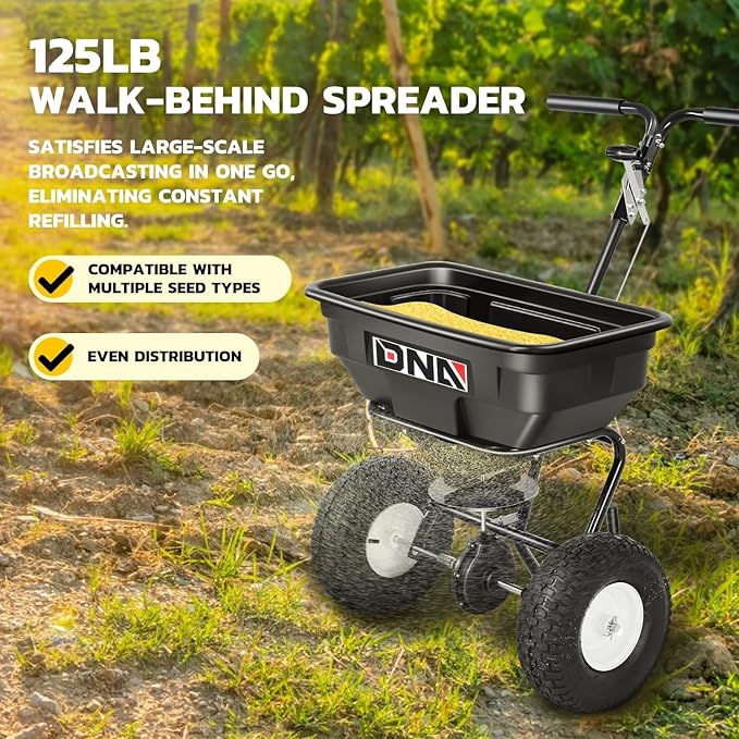 DNA MOTORING Walk Behind Push Broadcast Spreader,125 LB / 60L Capacity, Multi Use Tool for Fertilizer, Grass Seed, Salt, Ice Melt, Lawn and Garden Seeder, with Wheels, TOOLS-00611