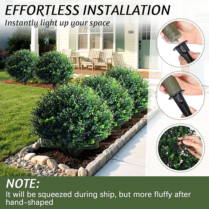 Yunlly 6 Pcs 18 Inch Artificial Boxwood Ball Topiary Tree Fake Outdoor Plants Bush, UV Resistance Faux Shrubs with Spike Realistic Greenery Potted for Indoor Garden Yard Porch Patio Decor (Dark Green)