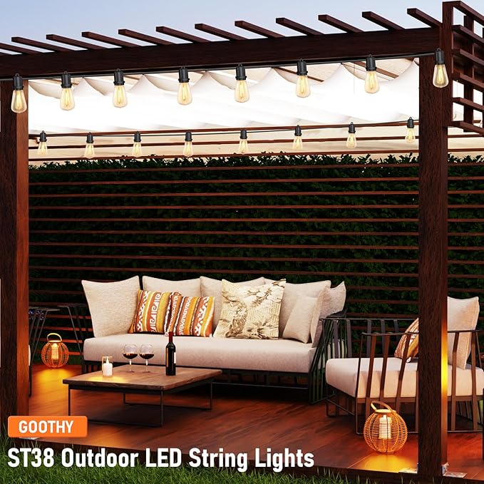 GOOTHY Outdoor String Lights 100Ft ST38 LED Patio Lights Outdoor Waterproof with 52 Vintage Edison Bulbs, Connectable Dimmable Backyard Light for Outside Backyard Porch Balcony Party Bar Decorations