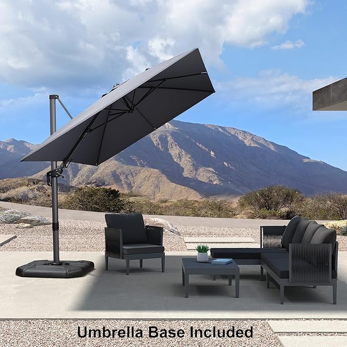 PURPLE LEAF 8.2' X 11.5' Tilting Patio Umbrella with Base Outdoor Cantilever Swivel Rectangle Umbrella Offset Umbrella with 360-degree Rotation for Garden Deck Pool Patio Light Grey