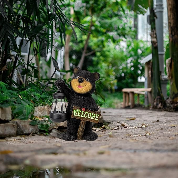 Juegoal Garden Bear Statue with Solar LED Lantern, Luminous Welcome Sign, Gifts for Mom Yard Art, Whimsical Figurine Large Sculpture Lighted Outdoor Mother's Day Spring Decorations for Lawn, Porch