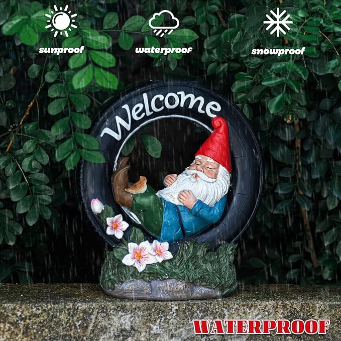 WONDER GARDEN Gnome Garden Decor for Outside - Welcome Gnome Solar Powered LED Light Outdoor Decor, Gnomes Statues Outdoor Funny Resin Garden Sculpture Decorations for Patio, Lawn