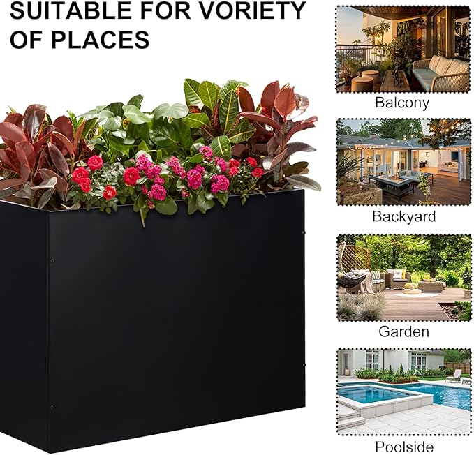 SUNNYPARK Large Metal Planter Box 32”x 12”x 24”, Rectangular Modern Black Metal Planter Box Heavy Duty with Drainage Holes for Outdoor Garden Patio