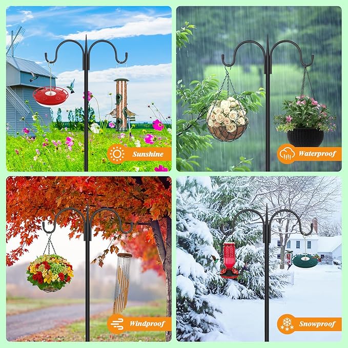 FEED GARDEN Adjustable Double Shepherds Hook for Outdoor with 5 Prong Base 63 Inch Heavy Duty Two Sided Bird Feeder Pole for Hanging Plant Baskets, Solar Light Lanterns, Wind Chimes