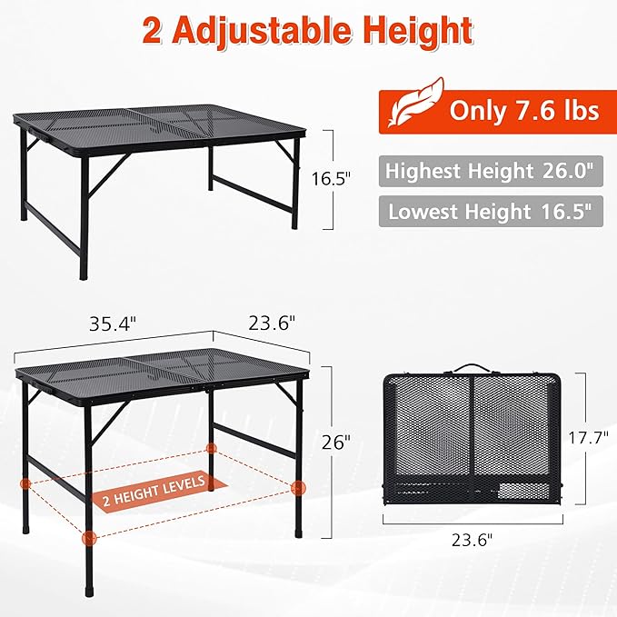 Folding Grill Table, 3x2 FT Portable Camping Table, Height Adjustable Metal Tables with Mesh Desktop and Mesh Bag, Outdoor Furniture for Camping, Picnic, Beach and BBQ, Black