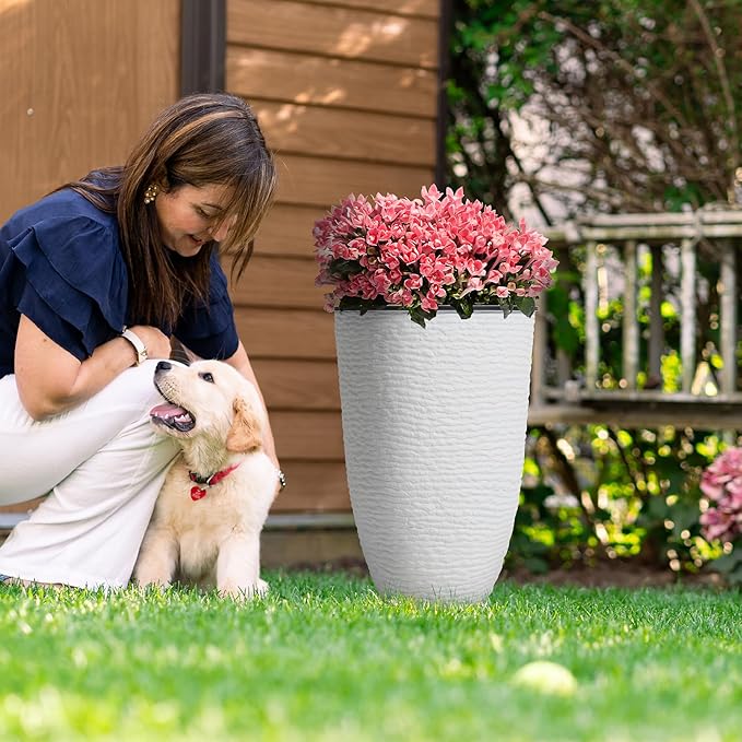 WORTH Garden 2-Pack 21" H. White Tall Planters with Inside Pots - 14'' Dia Plastic Large Round Plant Tree Pots - Decorative Imitation Stone Finish for Indoor Outdoor Front Porch Container Patio