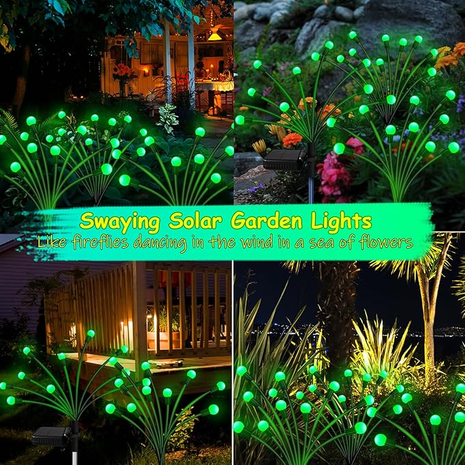 Solar Garden Lights Outdoor, 6 Pack 60 LED Green Firefly Lights Waterproof, Sway by Wind, Solar Swaying Light for Yard Patio Backyard Garden Planter Flower Bed Pathway Outdoor Decoration