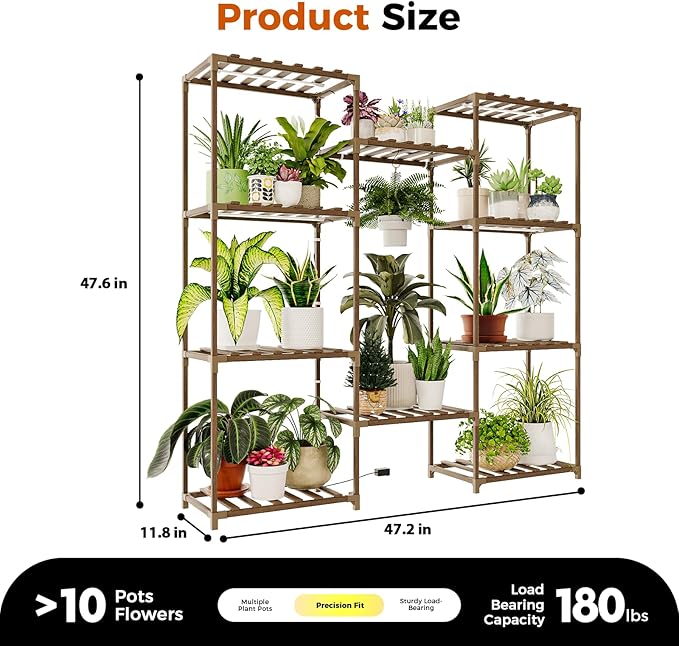 Bamworld Plant Stand with Grow Lights Large Plant Shelf for Mutiple Pots Plant Holder for Living Room Patio Boho Home Decor for Gardening Warm Light