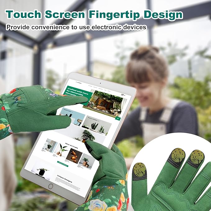 DLY Gardening Gloves,Leather Rose Gloves,Women's Long Glove for Gardening Work and Yard Work,Durable and Comfortable(Large, Green