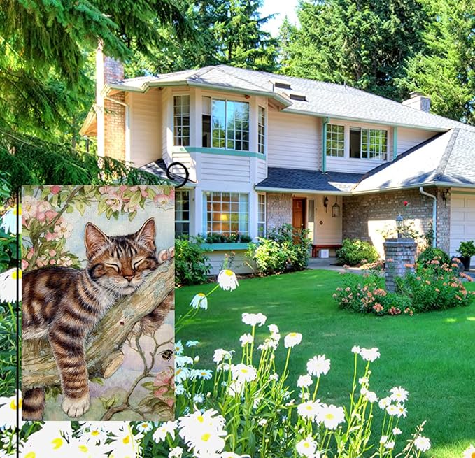 BLKWHT Spring Cat Garden Flag 12x18 Vertical Double Sided Pink Floral Farmhouse Holiday Outside Decorations Burlap Yard Flag BW573