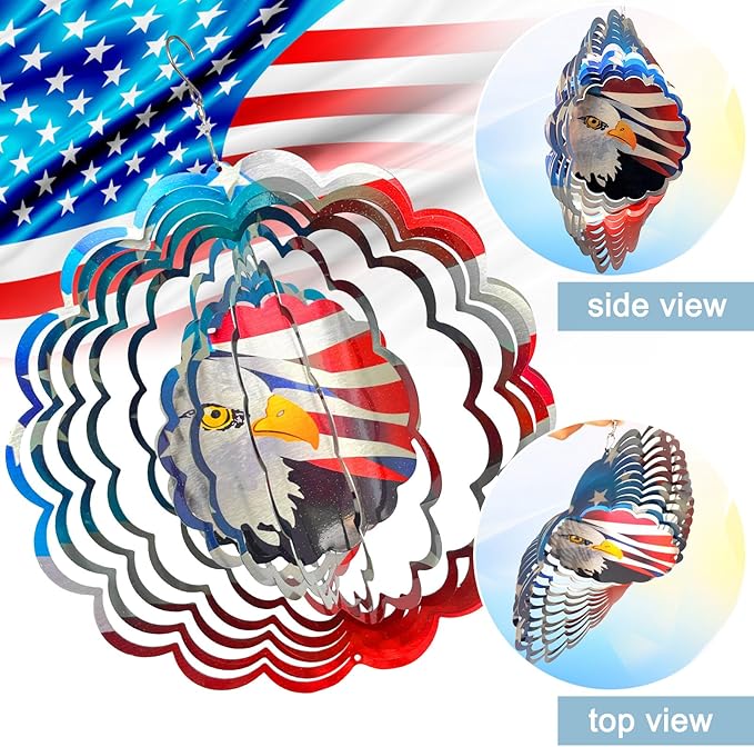 Wind Spinner - American Flag Eagle Wind Spinners, Hanging Wind Sculptures, 12in 3D Metal Birds Wind Catcher, Outdoor Garden Decor Yard Art Patriotic Decoration Eagle Gifts for Men Women