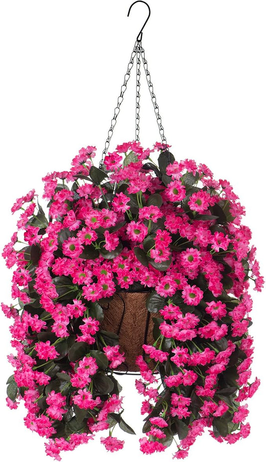 Hanging Baskets Artificial Flowers for Outdoor Interior Decor, Artificial Daisies Flowers Shrubs Plants with Baskets for Home Porch Garden Patio Patio Spring Summer Decor(Pink)