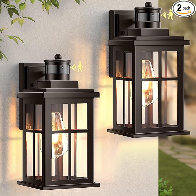 Outdoor Motion Sensor Light, 2 Pack Outside Sconce, Bronze Motion Sensor for Outside, Anti-Rust, Outdoor Light Fixture with Tempered Clear Glass for House, Garage,Entryway, Waterproof