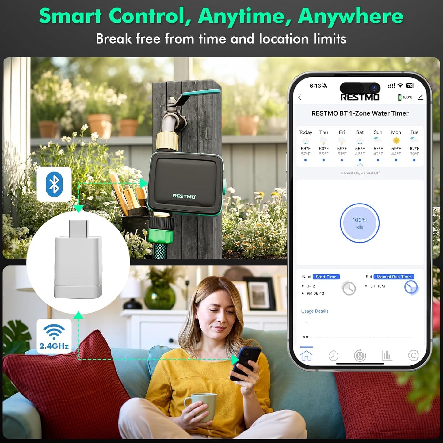 RESTMO Smart Sprinkler Timer with Flow Meter, Water Timer for Garden Hose, Brass Inlet & Outlet, Automatic Lawn & Yard Irrigation Watering System, APP Remote Control (2.4Ghz WiFi Connection)