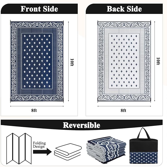 Pauwer Waterproof Outdoor Rug 8x10, Reversible Plastic Straw Patio Camping Rug, Indoor Outdoor RV Mat Carpet for Deck, Camper, Porch, Balcony, Backyard, Picnic, Bordered Navy