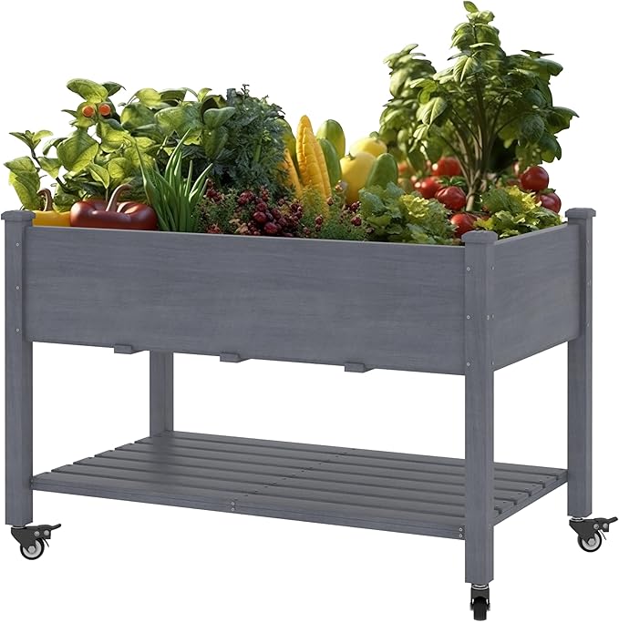 MUPATER 4 x 2 Raised Garden Bed, Elevated Garden Bed with Drainage Holes, Planter Box with Four Wheels and Legs for Herbs and Vegetables, Greenhouse, Garden, Farm, Gray