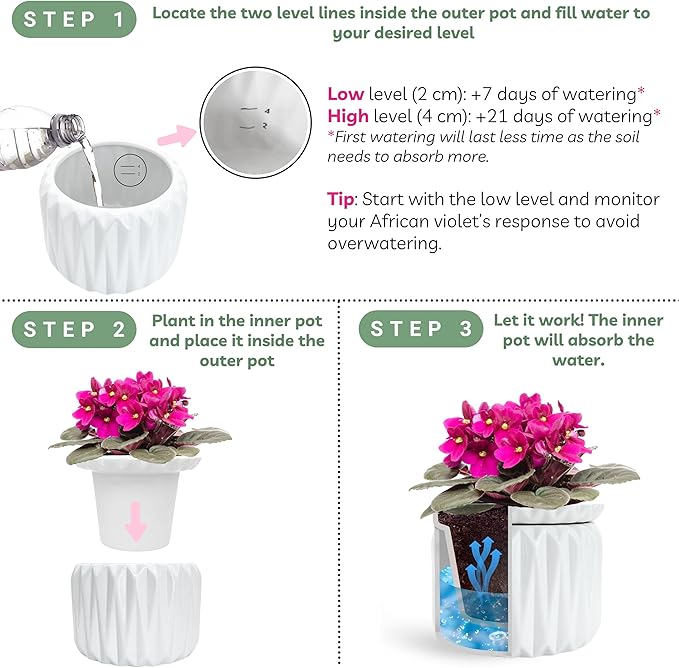 6 inch Self Watering Pot for Indoor Plants, African Violet Pot Ceramic, Flowers Planter (4 inch Opening), Holds 3 Weeks of Water (1 Pack)