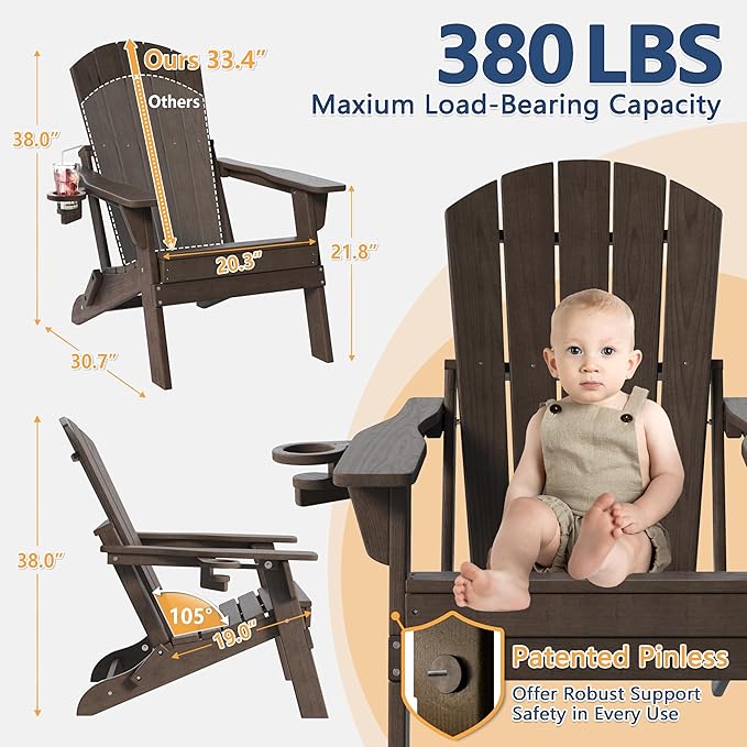 Folding Adirondack Chair Set of 4 with Cup Holder, HDPE All Weather Resistant Plastic Outdoor Patio Chairs, Heavy Duty Fire Pit Seating for Backyard Lawn Garden, Wooden Textured Design(Coffee)