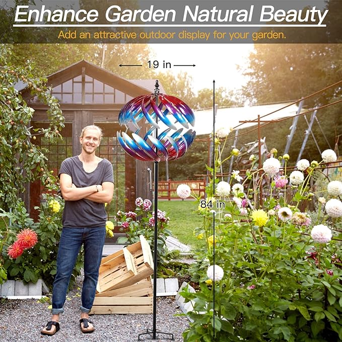 Yard Garden Wind Spinners - Large Outdoor Metal Wind Spinners Sculptures, Yard Art Lawn Garden Decor (19" W x 84" H)
