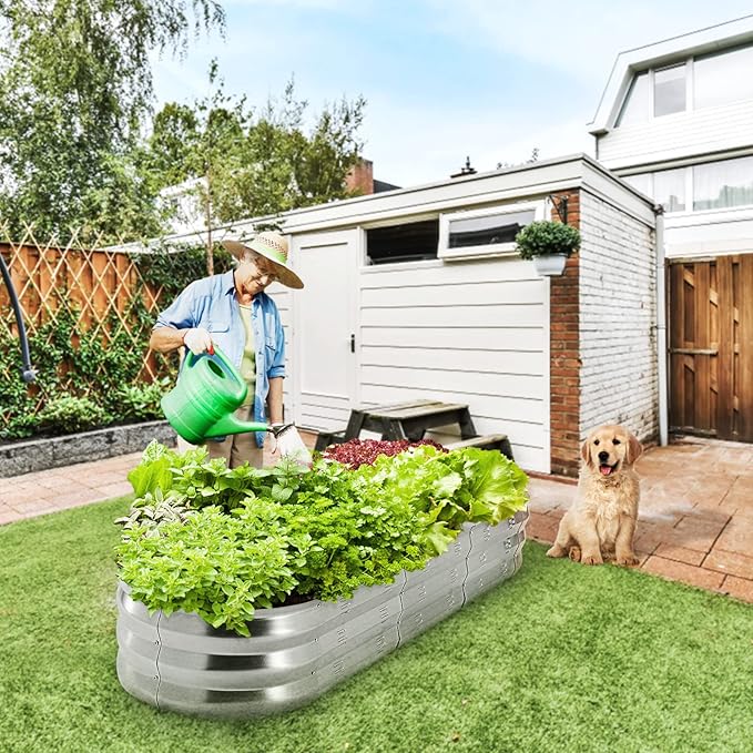 POTEY Galvanized Raised Garden Bed 2Pcs, Metal Planter Boxes Outdoor for Vegetables Flowers Herb, Oval Large Planter Raised Beds Kit with Weed Barrier Fabric and Soil Ventilation Holes (5.7L*1.7W FT)