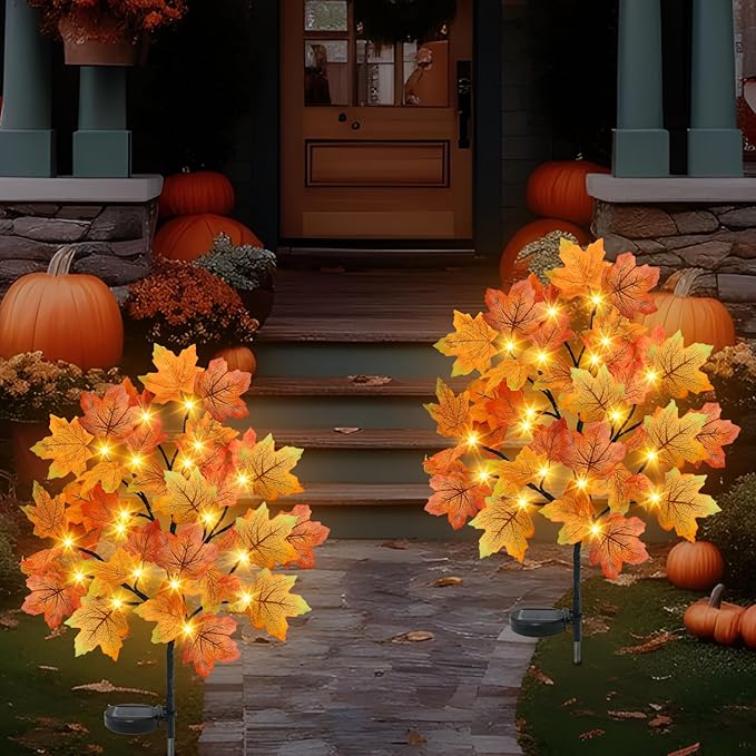 TORONTOKYO 4 Pack Fall Solar Outdoor Lights, Fall Decor 80 LED Maple Leaves Solar Stake Light with 8 Modes, Waterproof Fall Garden Lights Thanksgiving Decorations for Autumn Yard Pathway Outside