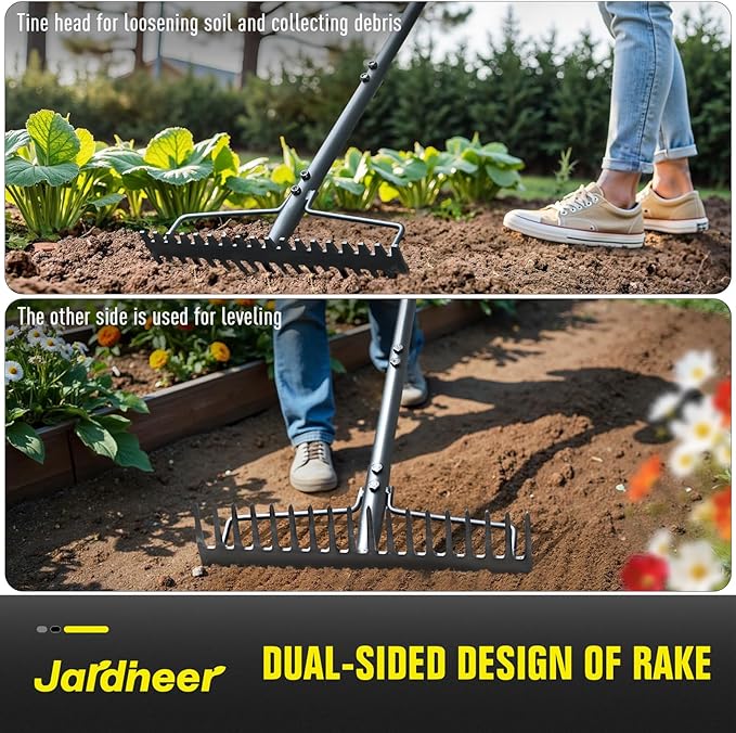 Jardineer Bow Rake Heavy Duty, Long Handle Metal Rakes for Gravel, Rocks, Lawns Leaves, Soil Leveling, Landscaping, Garden Rake with 18 Steel Tines (59 Inches)