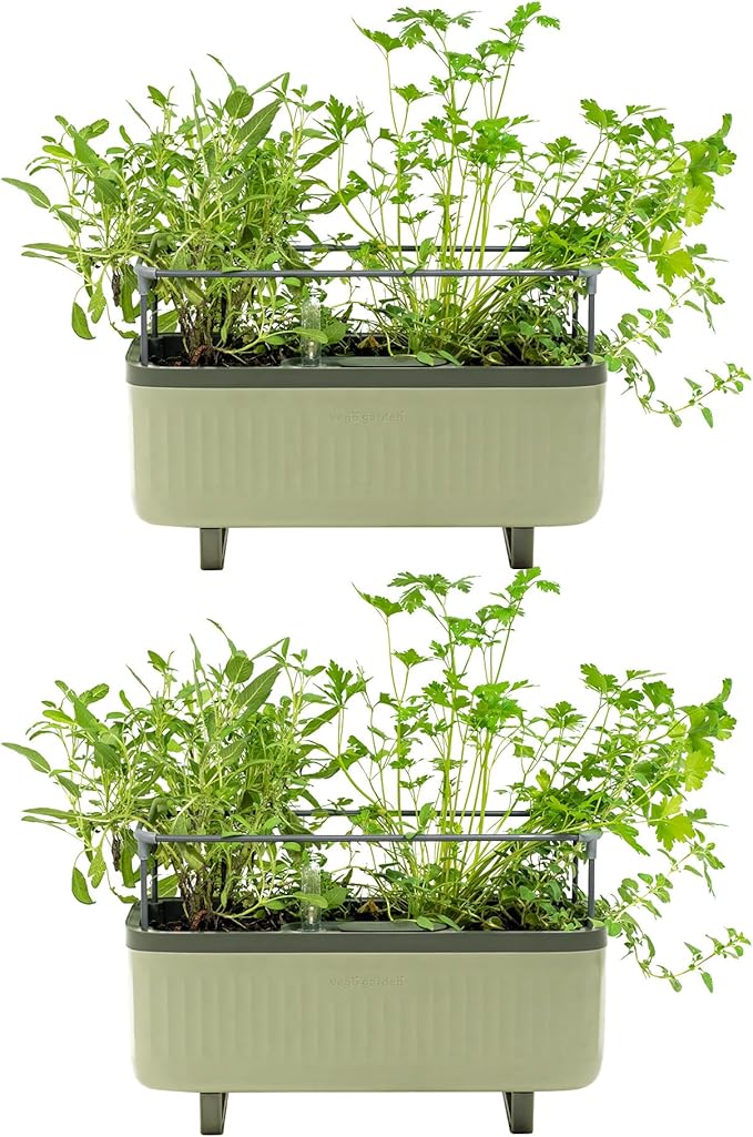 Vego Garden 2 Pack Herb Indoor Plant Box, Self Watering Planters Pots with Trellis for Kitchen Window Sill or Countertop Plants Cage - Sage Green