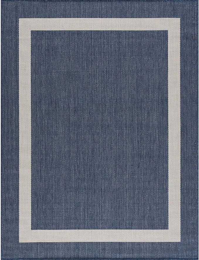 CAMILSON Outdoor Rug 9x12, Large Modern Outside Rugs for Patios Porches Waterproof Durable Washable Non-Shedding, Easy-to-Clean Indoor Outdoor Area Carpet (9 x 12, Bordered - Blue/White)