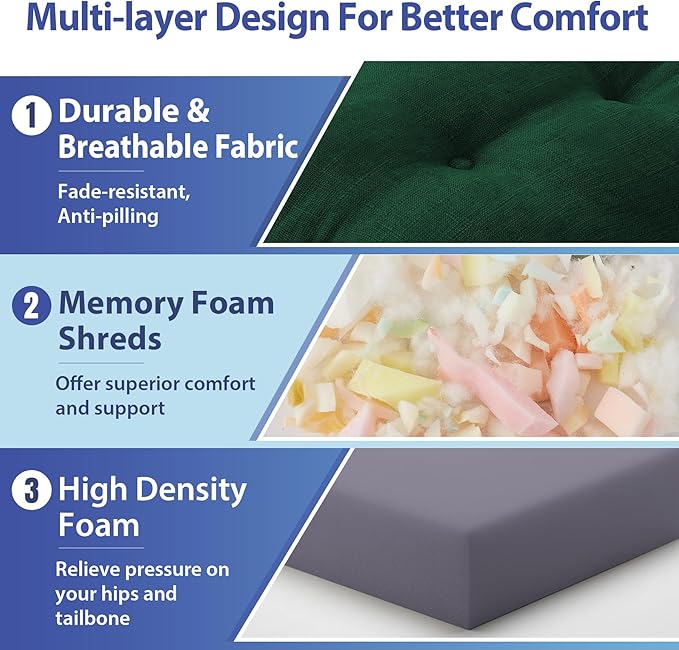 Chair Cushions for Dining Chairs, Dining Chair Cushions, Tufted Indoor Chair Pads with Ties & Non Slip Backing, Seat Cushions for Kitchen Chairs 16.5” x 16.5” x 3.5”, Set of 4, Green