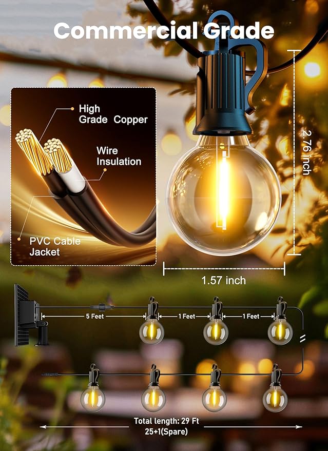 Brightown Solar String Lights Outdoor Waterproof with Remote & USB Port, 29FT Solar Patio Lights with 25+1 LED Shatterproof Bulbs, 3 Light Modes, Dimmable Hanging Light for Camping Backyard Garden