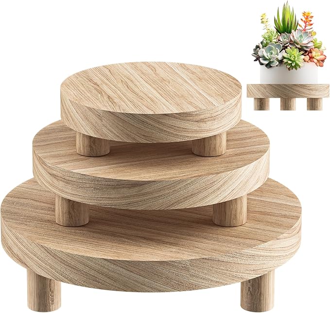 3 Pcs Wood Plant Stand Indoor Outdoor, Round Wood Riser for Decor 6/8/10" Wooden Stool Display Stand Flower Pot Holder Small Planter Tray Modern Potter Decorative for Desktop Counter Room (Natural)