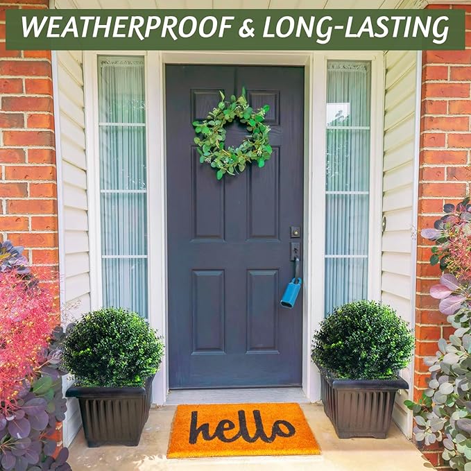 Yunlly 2 Pcs 18 Inch Artificial Boxwood Ball Topiary Tree Fake Outdoor Plants Bush, UV Resistance Faux Shrubs with Spike Realistic Greenery Potted for Indoor Garden Yard Porch Patio Decor (Dark Green)