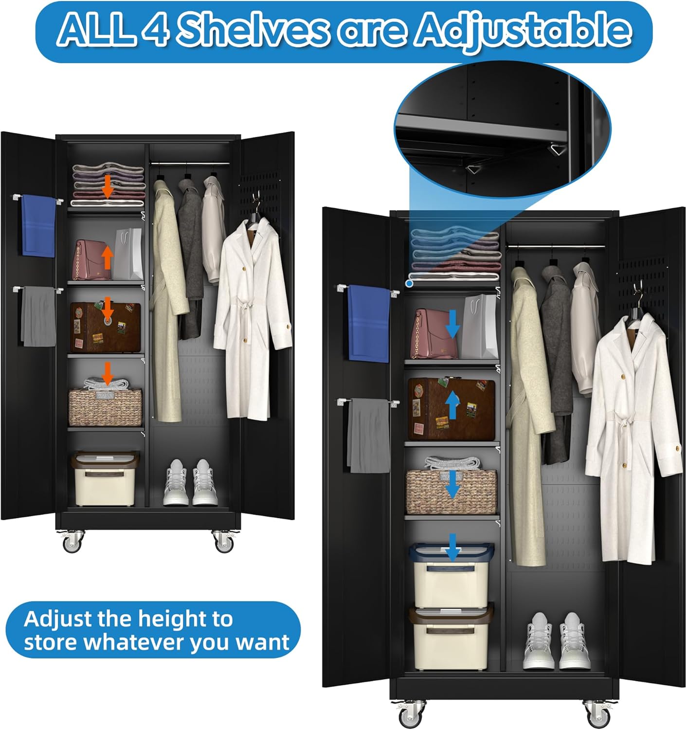 Garage Storage Cabinet with Wheels and 5 Pegboard, 71" H Metal Storage Cabinets with 2 Locking Doors and 4 Shelves, Broom Closet Storage Cabinet with Hanging Rod and 13 Hooks, Black