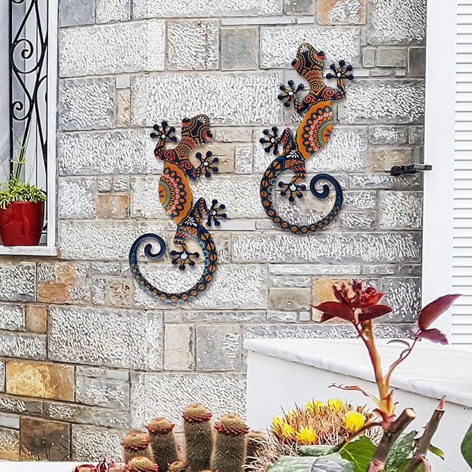 LIFFY Metal Lizard Gecko Wall Art - 2 Pack 15 Inch Metal Wall Decor, Lizard Outdoor Hanging Glass Sculpture Decoration for Yard Garden Art, Patio Fence Home, Unique Gift Ideas