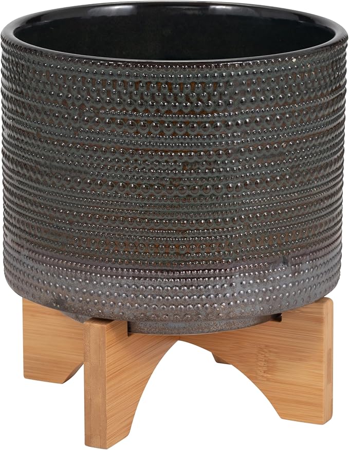 Sagebook Home 8" Ceramic Planter on Bamboo Wood Stand - Green Plant Stand with Contemporary Dotted Design - Indoor or Outdoor Plants and Succulents
