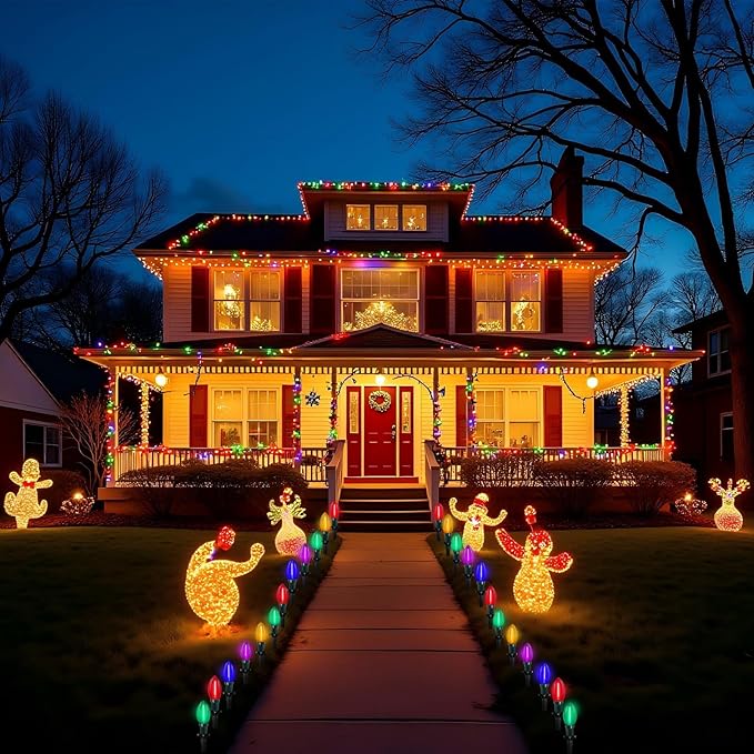 C9 LED Christmas Pathway Lights Outdoor, 38Ft 25 LED Multicolor Marker Stakes, Connectable Walkway UL Listed for Yard Lawn Sidewalk Driveway Christmas Decorations