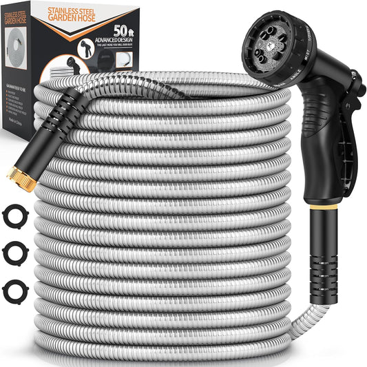 Garden Hose Metal 50FT, Stainless Steel Heavy Duty Water Hose With 10 Function Nozzle, No-Kink, Tough & Flexible, Sturdy and Lightweight, Rust Proof hose for Yard, Outdoor, RV