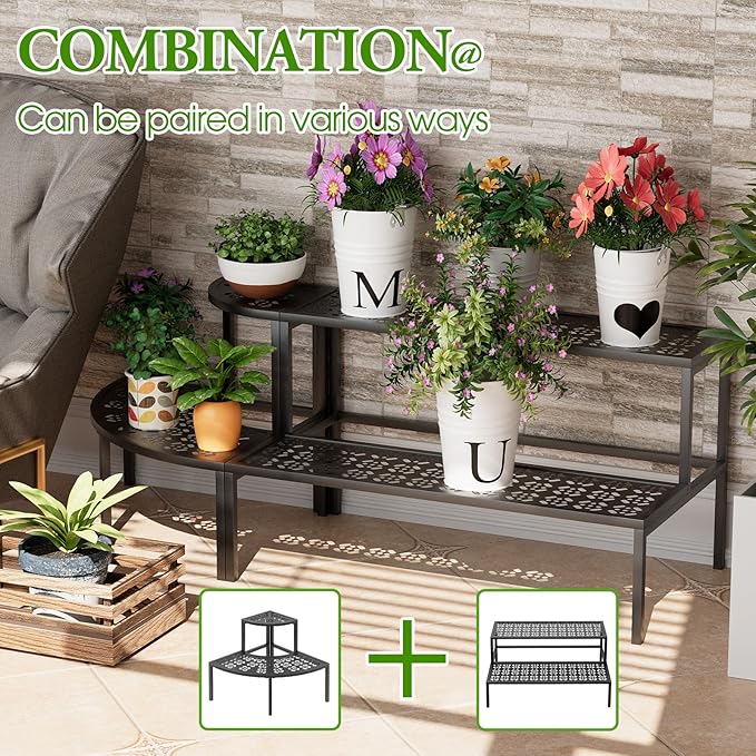 aboxoo 2 Tier Plant Stand Flower Pot Rack for Patio,Metal Stair-Step Style Corner Shelf Planters,Hevay Duty Plant Stand,Quarter Round Display Holder for Indoor Outdoor Use(Black)