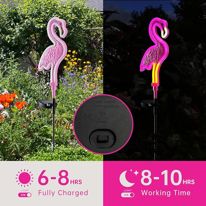 Flamingo Solar Lights Outdoor Decor,Solar Pink Flamingos Outdoor for Yard Decorations, Pink Neon Solar Flamingo Garden Lights for Outside,Pathways,Patio, Lawn, or Landscaping Decor(2Pack)