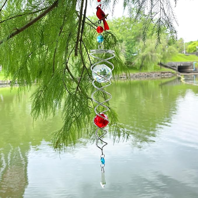 FONMY Cardinal Gazing Ball Spiral Tail Wind Spinner Sun Catcher Rainbow Maker Silver Spiral W/ K9 Crystal Ball Tree Hanging Ornament Indoor Outdoor Garden Decor. 19.5inch H