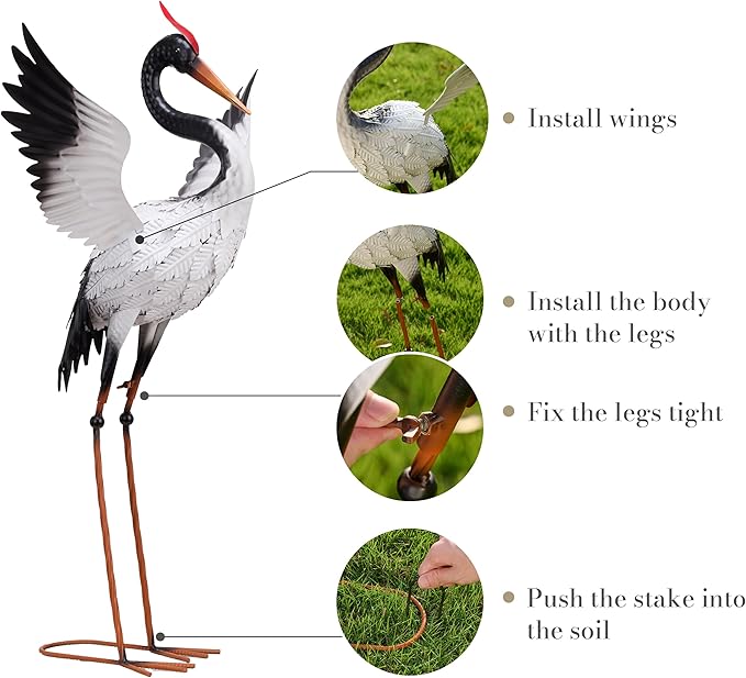 TERESA'S COLLECTIONS Yard Decorations Outdoor Garden Statues, White Metal Crane Yard Art, 33-39inch Lawn Ornaments for Backyard, Outside Porch, Patio, Wedding Decor,Set of 2,Spring Decor,Gifts for Mom