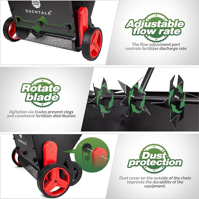 Suchtale Upgrade Push Lawn Spreader for Compost & Peat Moss, Organic Fertilizer Applicator with Rotating Blades, Adjustable Rate Metal Mesh Basket Topdresser
