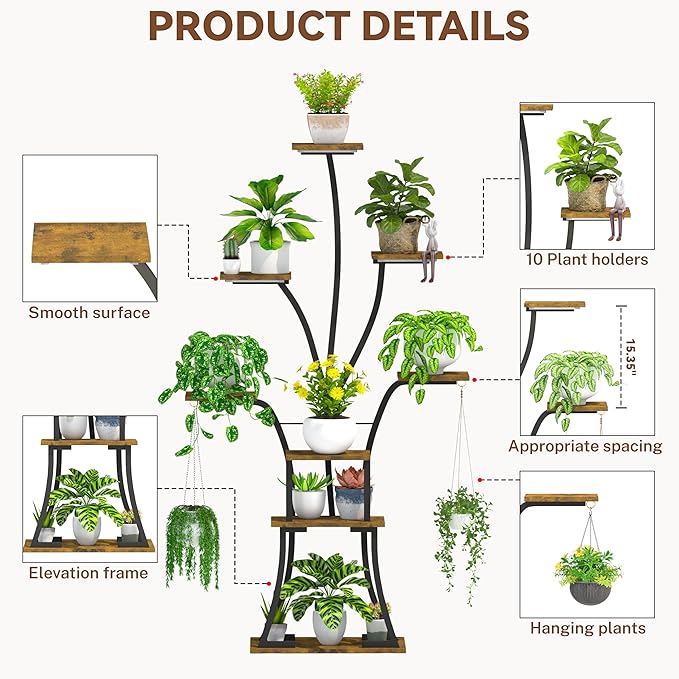 64" Tall 8 Tiered Plant Stand Indoor with Grow lights Large Tree Shape Decorative Rack Plant Pot Holder Gardening for Living Room Corner Black